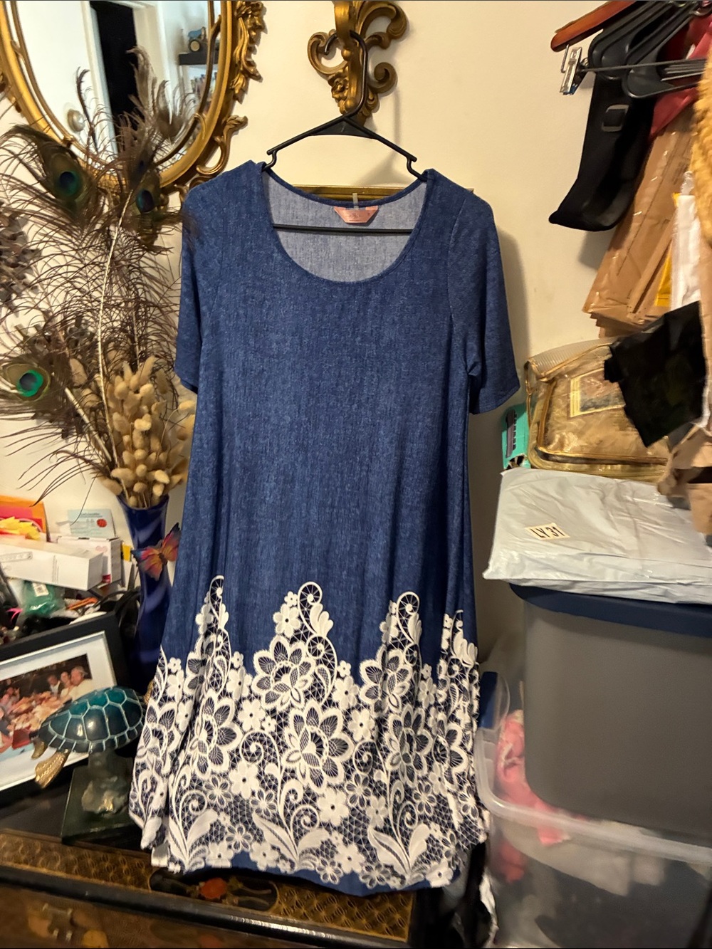 SJS Blue Scoop-Neck dress with White Lace Hem